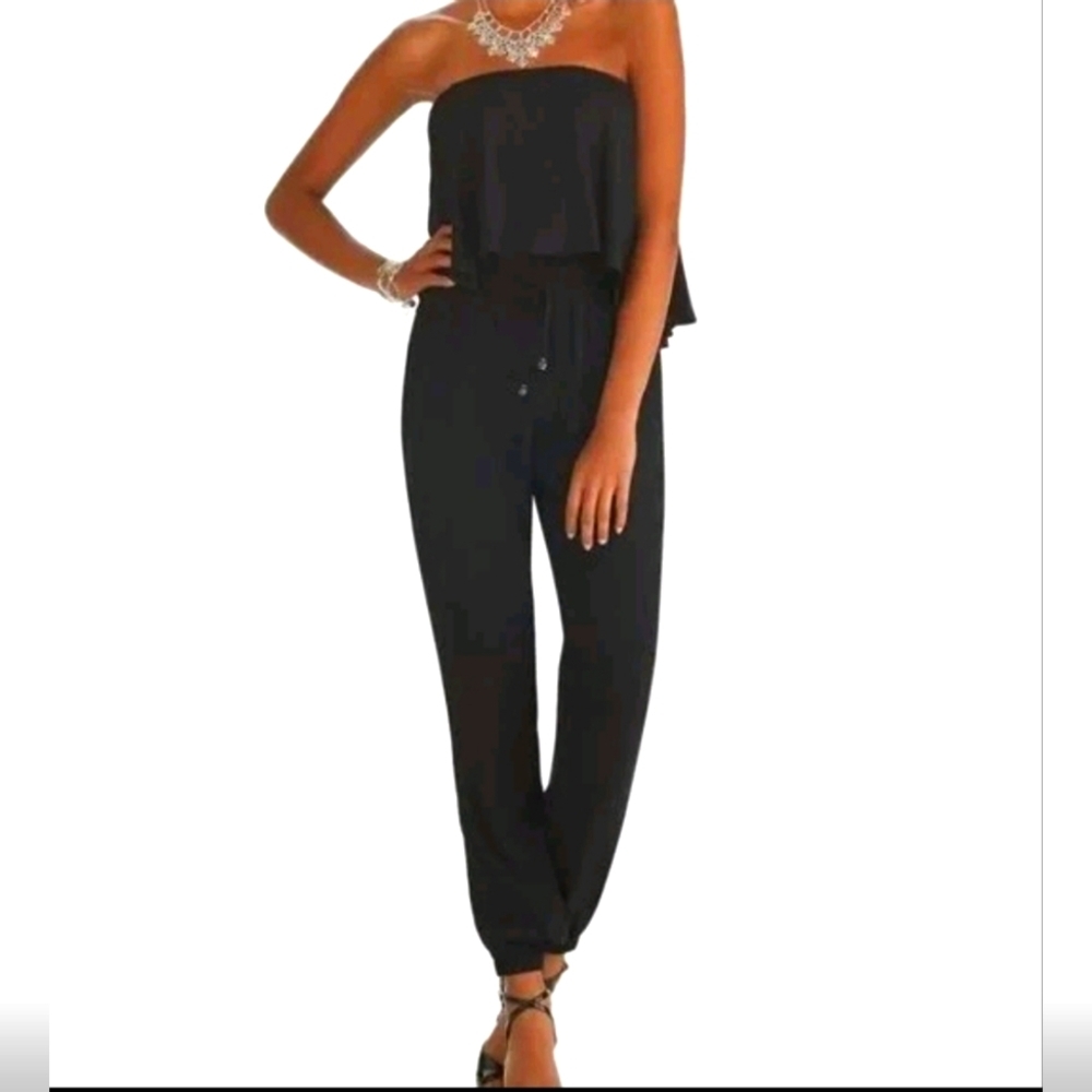 White House Black Market Black Strapless Ruffle Jumpsuit Size 4 NWOT